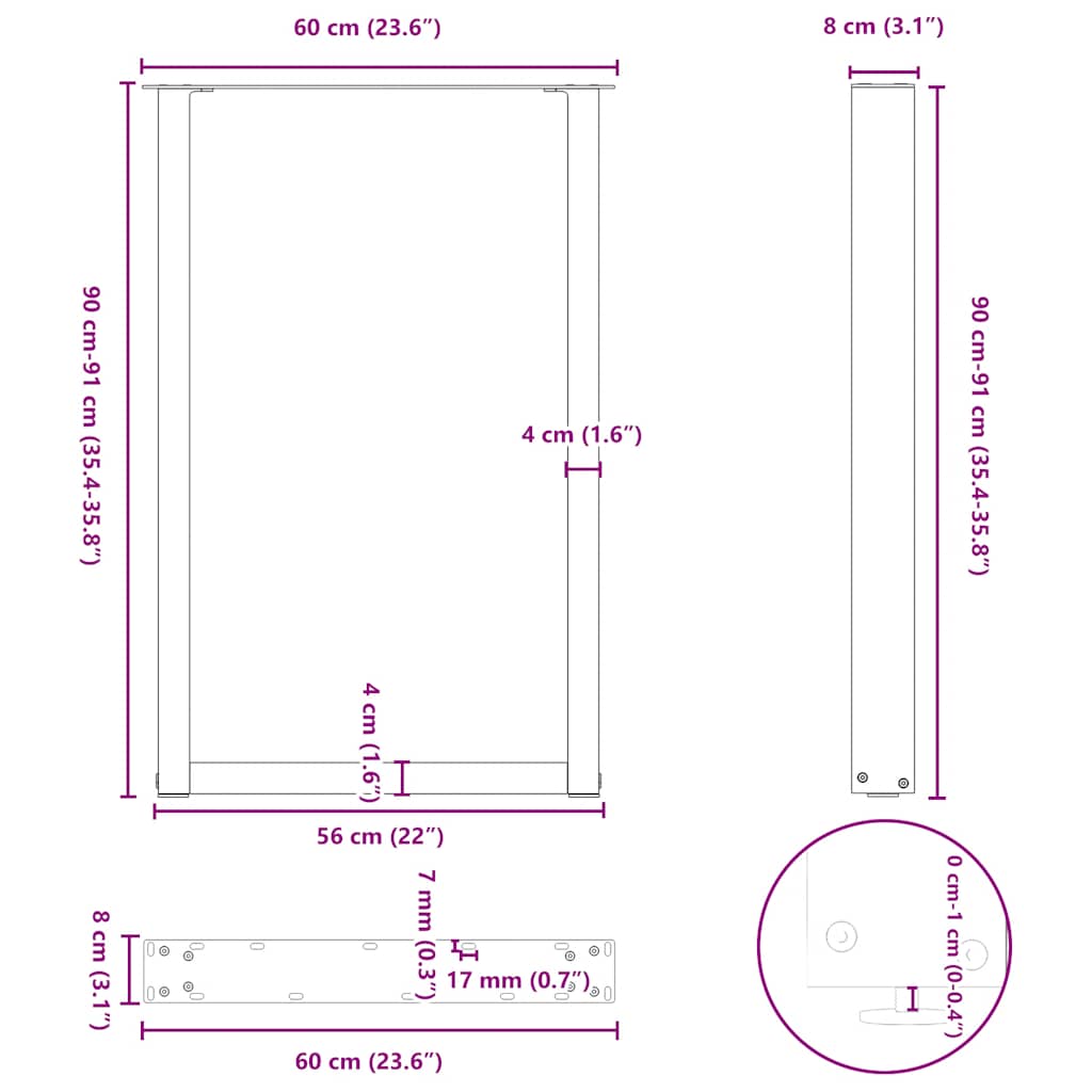 vidaXL Bar Table Legs U-Shaped 2 pcs Black 60x(90-91) cm Steel