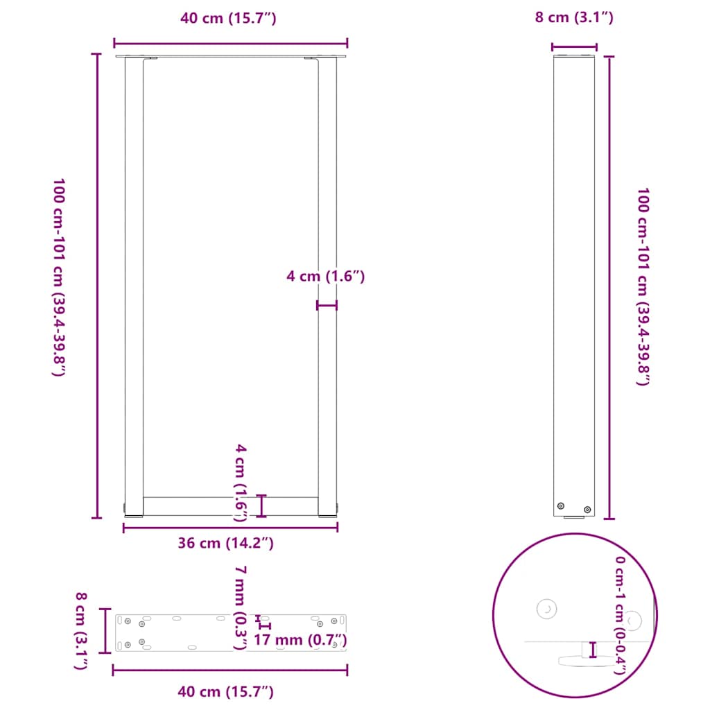 vidaXL Bar Table Legs U-Shaped 2 pcs Black 40x(100-101) cm Steel
