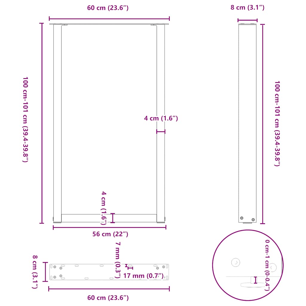 vidaXL Bar Table Legs U-Shaped 2 pcs White 60x(100-101) cm Steel