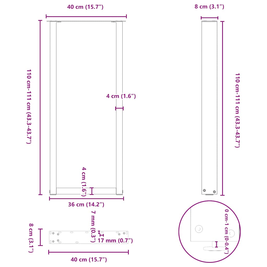 vidaXL Bar Table Legs U-Shaped 2 pcs Black 40x(110-111) cm Steel