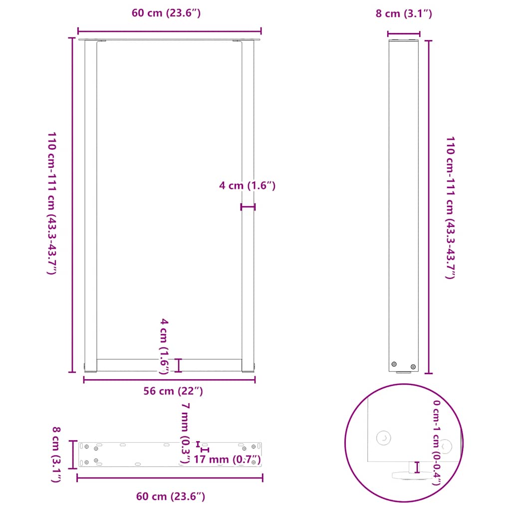 vidaXL Bar Table Legs U-Shaped 2 pcs Black 60x(110-111) cm Steel