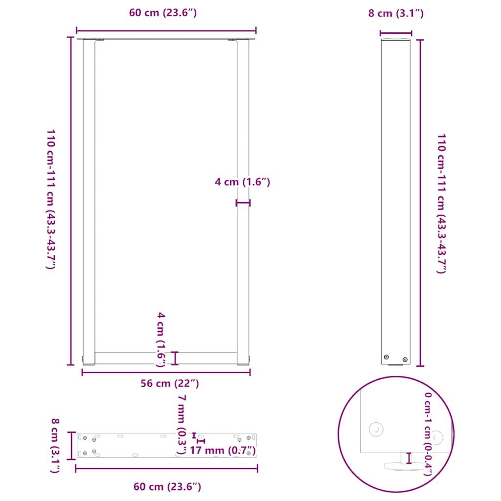vidaXL Bar Table Legs U-Shaped 2 pcs White 60x(110-111) cm Steel