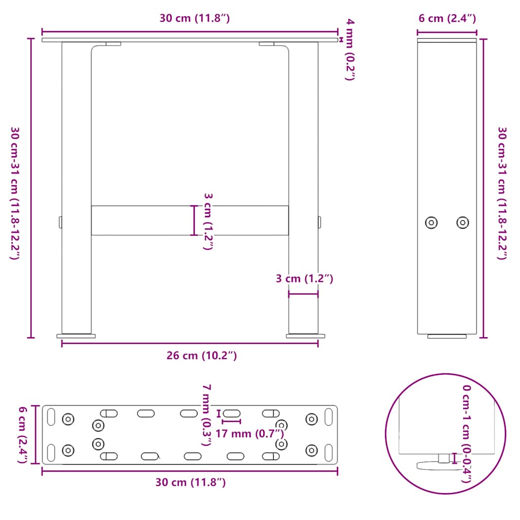 vidaXL Coffee Table Legs Natural Steel 2 pcs 30x(30-31) cm Steel