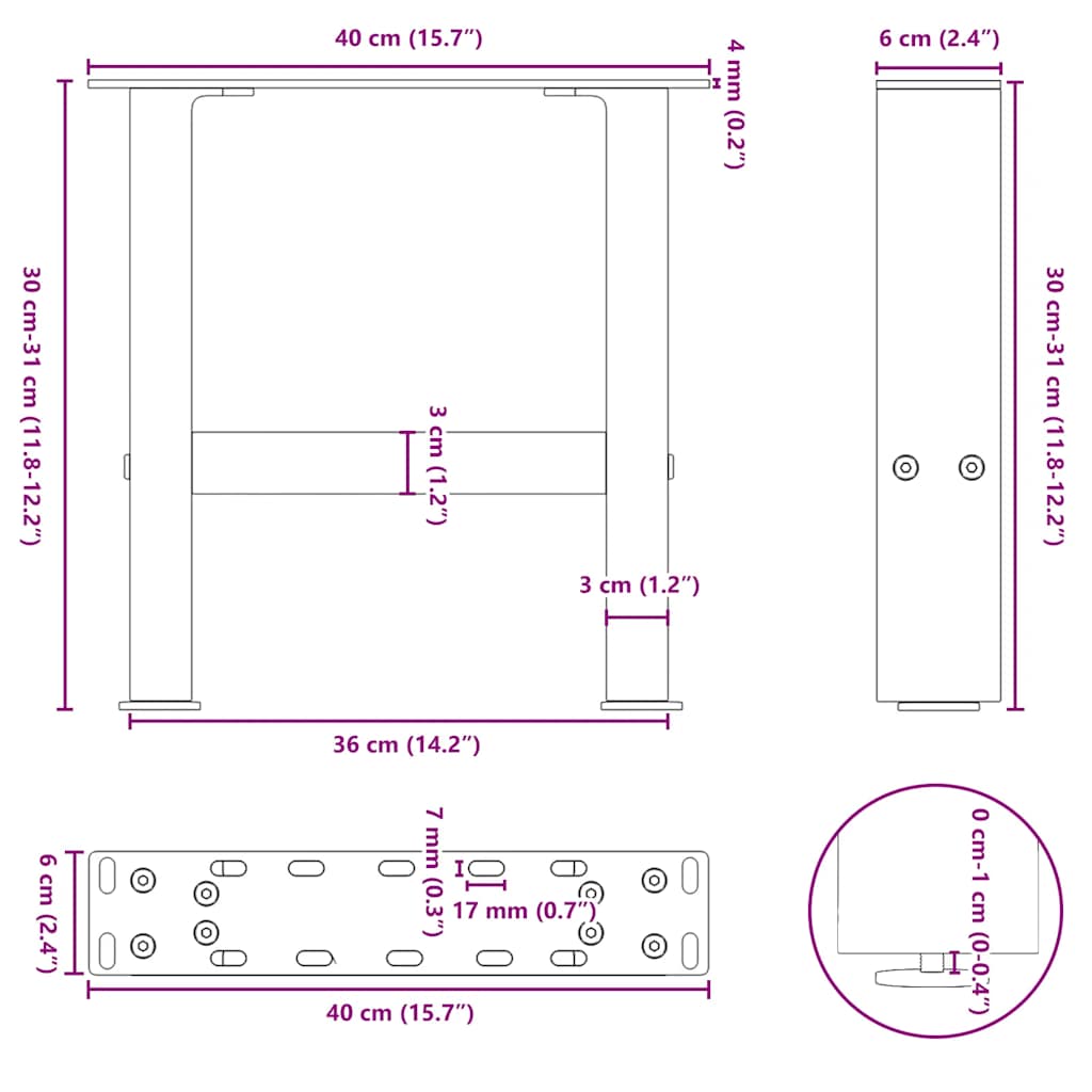 vidaXL Coffee Table Legs Black 2 pcs 40x(30-31) cm Steel