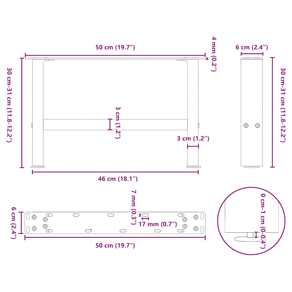 vidaXL Coffee Table Legs Natural Steel 2 pcs 50x(30-31) cm Steel