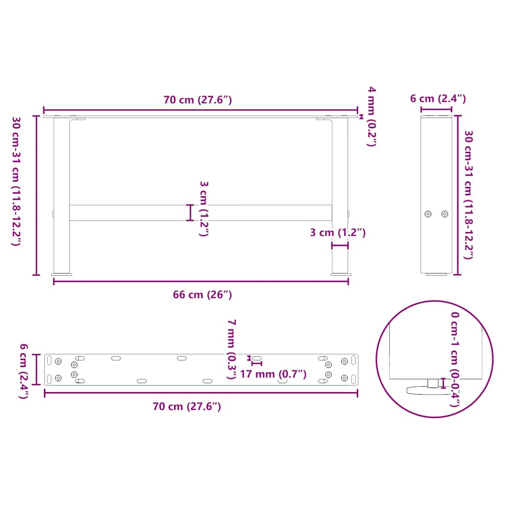 vidaXL Coffee Table Legs Black 2 pcs 70x(30-31) cm Steel