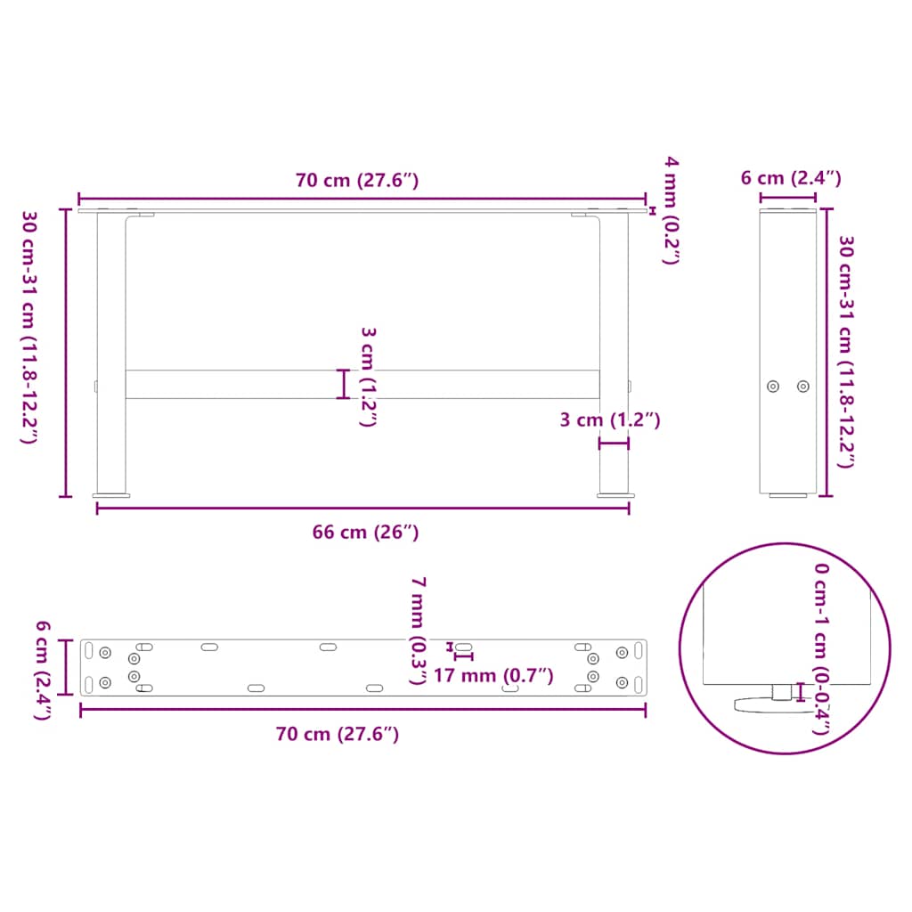 vidaXL Coffee Table Legs Natural Steel 2 pcs 70x(30-31) cm Steel