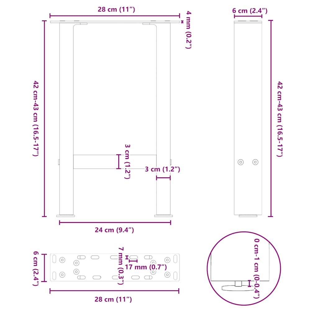 vidaXL Coffee Table Legs Natural Steel 2 pcs 28x(42-43) cm Steel