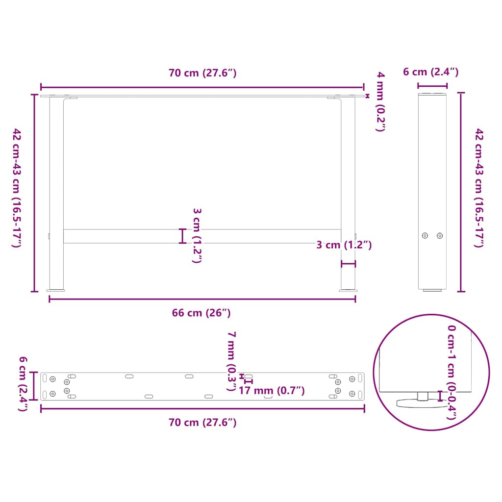 vidaXL Coffee Table Legs Black 2 pcs 70x(42-43) cm Steel