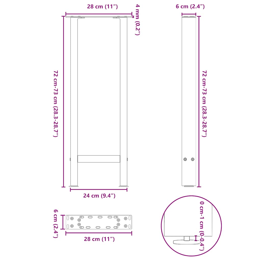 vidaXL Console Table Legs White 2 pcs 28x(72-73) cm Steel