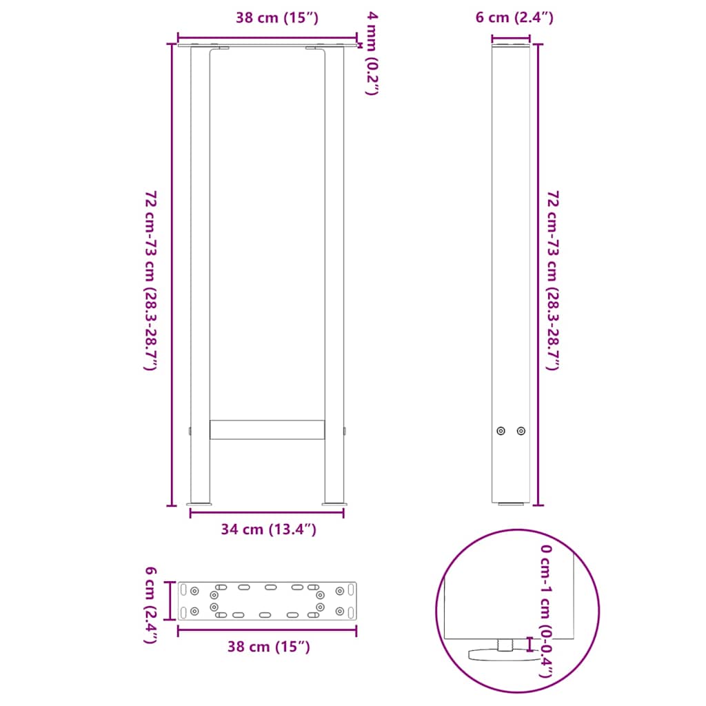 vidaXL Console Table Legs Black 2 pcs 38x(72-73) cm Steel
