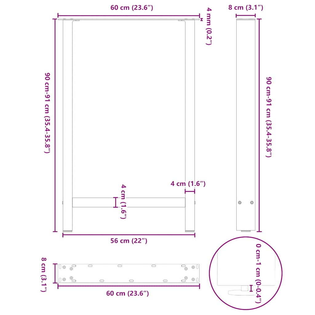 vidaXL Bar Table Legs Natural Steel 2 pcs 60x(90-91) cm Steel