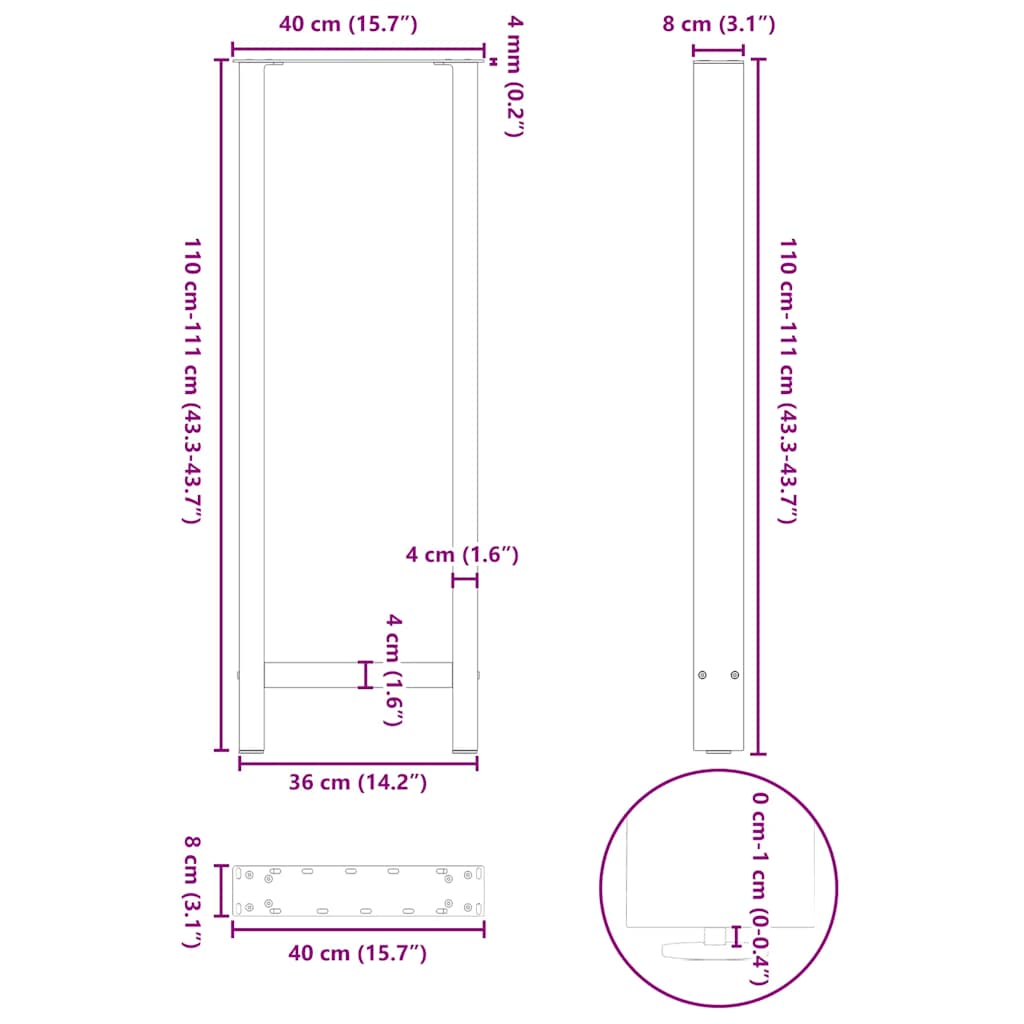 vidaXL Bar Table Legs Black 2 pcs 40x(110-111) cm Steel