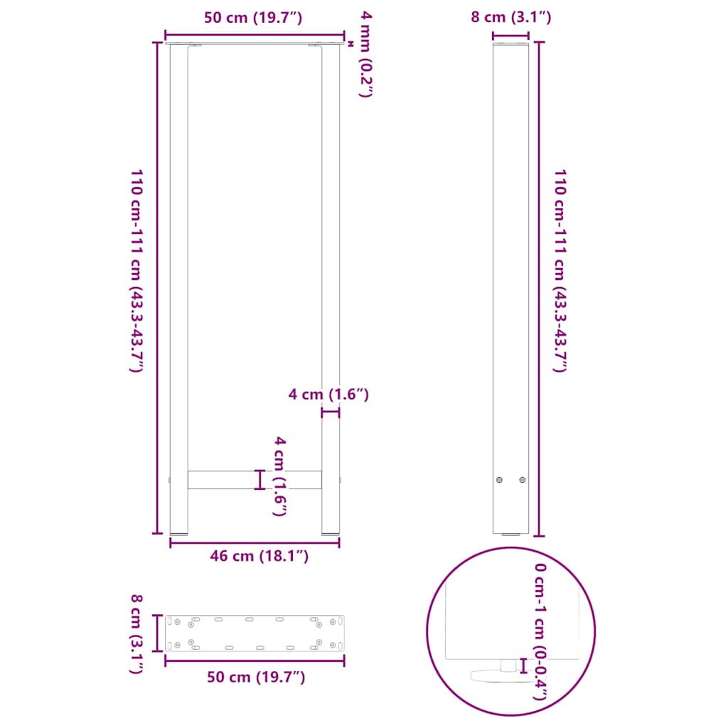 vidaXL Bar Table Legs White 2 pcs 50x(110-111) cm Steel