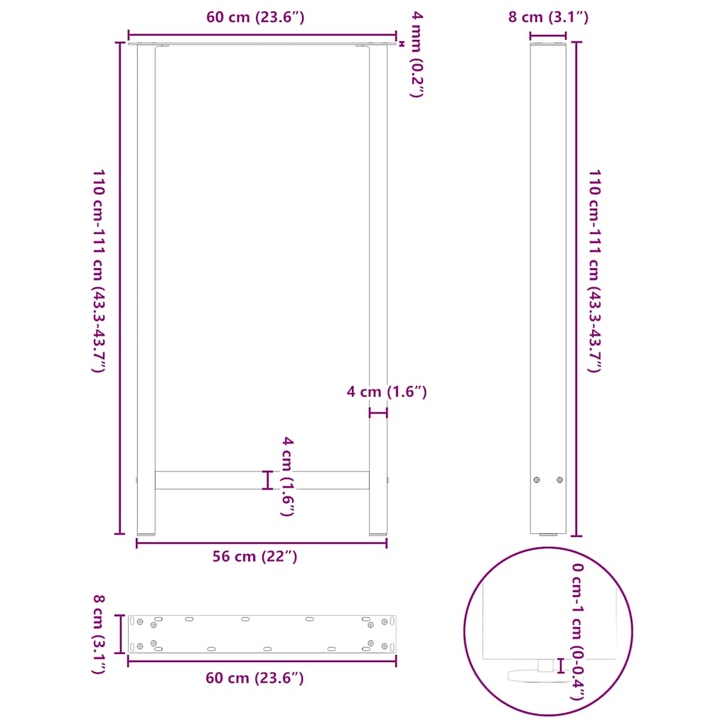 vidaXL Bar Table Legs Black 2 pcs 60x(110-111) cm Steel