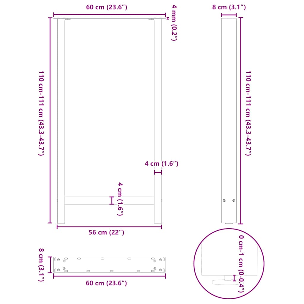 vidaXL Bar Table Legs Natural Steel 2 pcs 60x(110-111) cm Steel