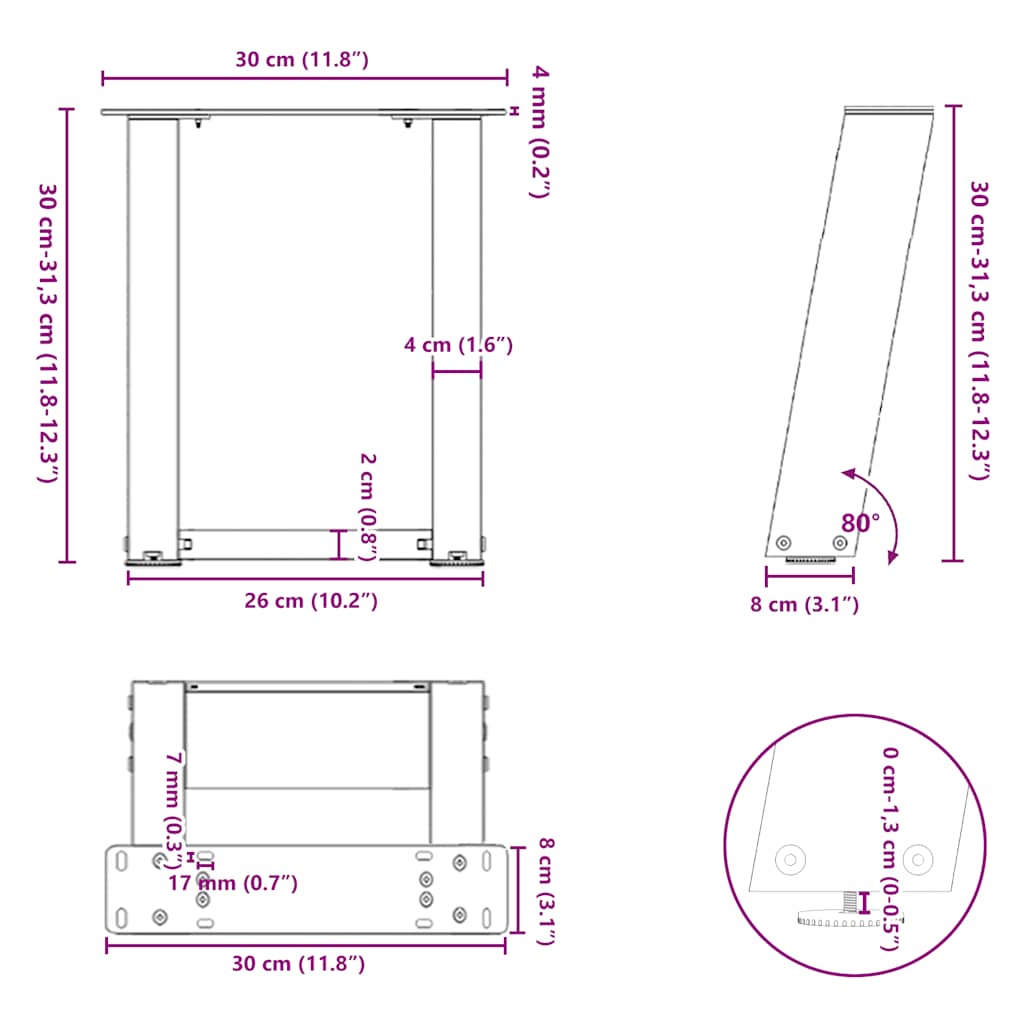vidaXL Coffee Table Legs U-Shaped 2 pcs Natural Steel 30x(30-31) cm Steel