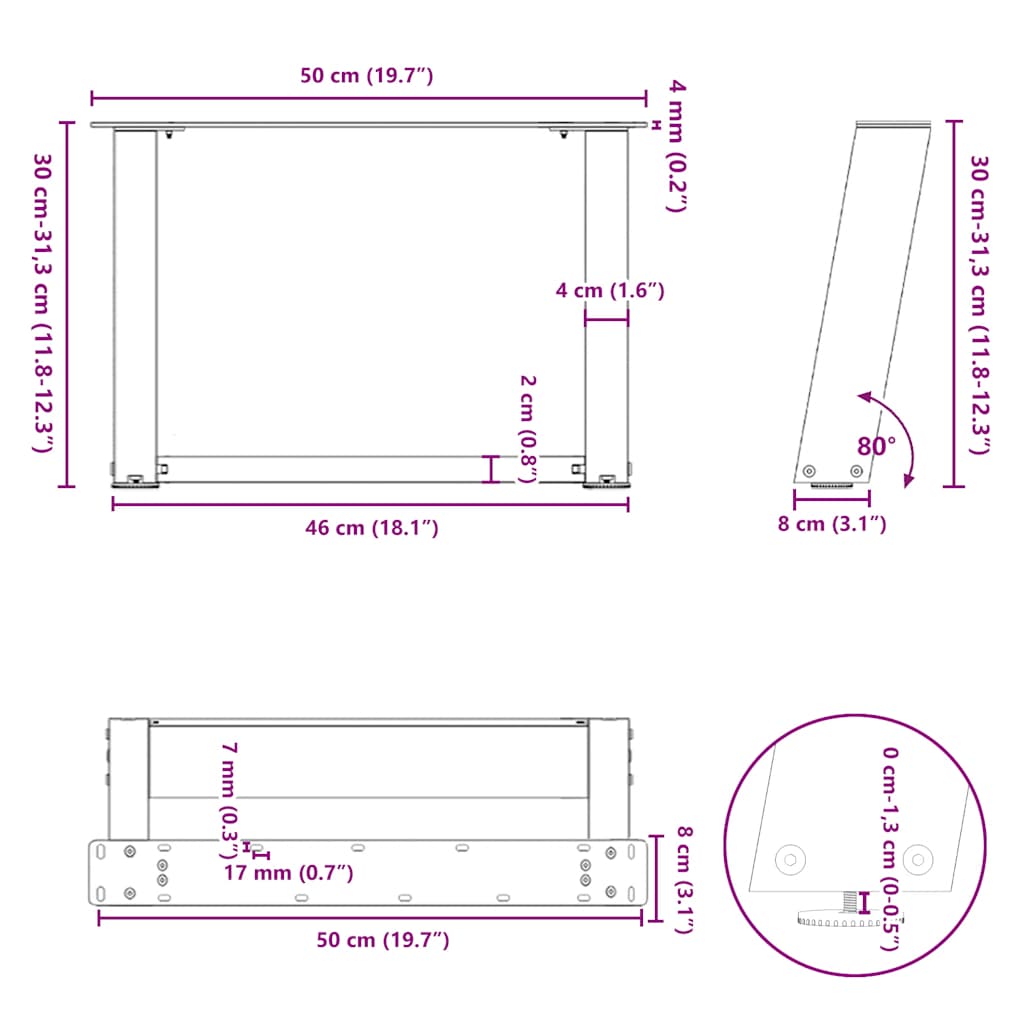 vidaXL Coffee Table Legs U-Shaped 2 pcs Natural Steel 50x(30-31) cm