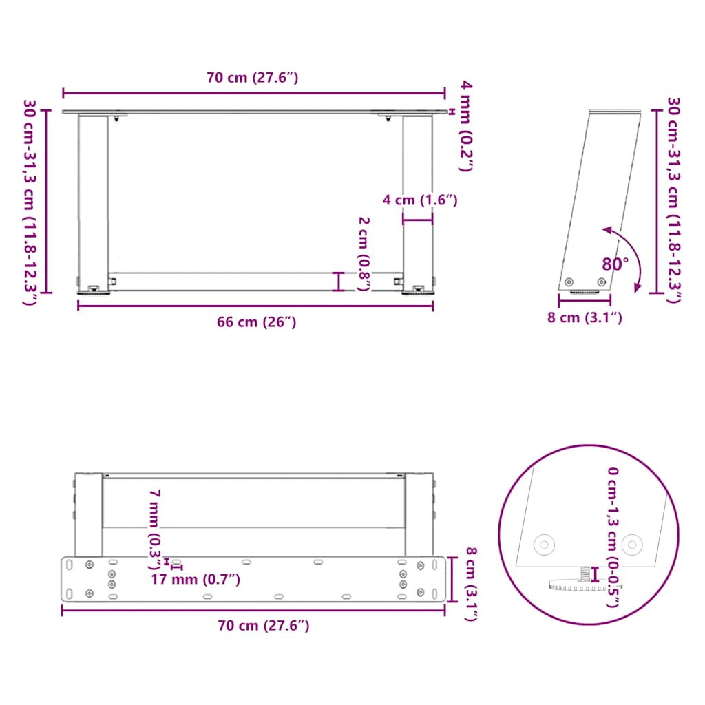 vidaXL Coffee Table Legs U-Shaped 2 pcs White 70x(30-31) cm Steel