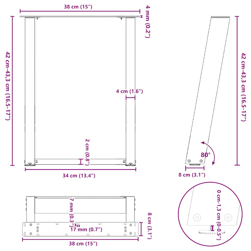 vidaXL Coffee Table Legs U-Shaped 2 pcs Natural Steel 38x(42-43) cm