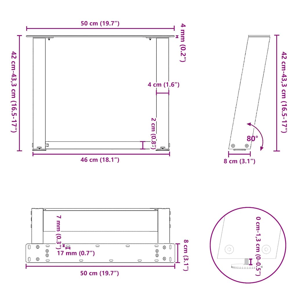 vidaXL Coffee Table Legs U-Shaped 2 pcs Natural Steel 50x(42-43) cm