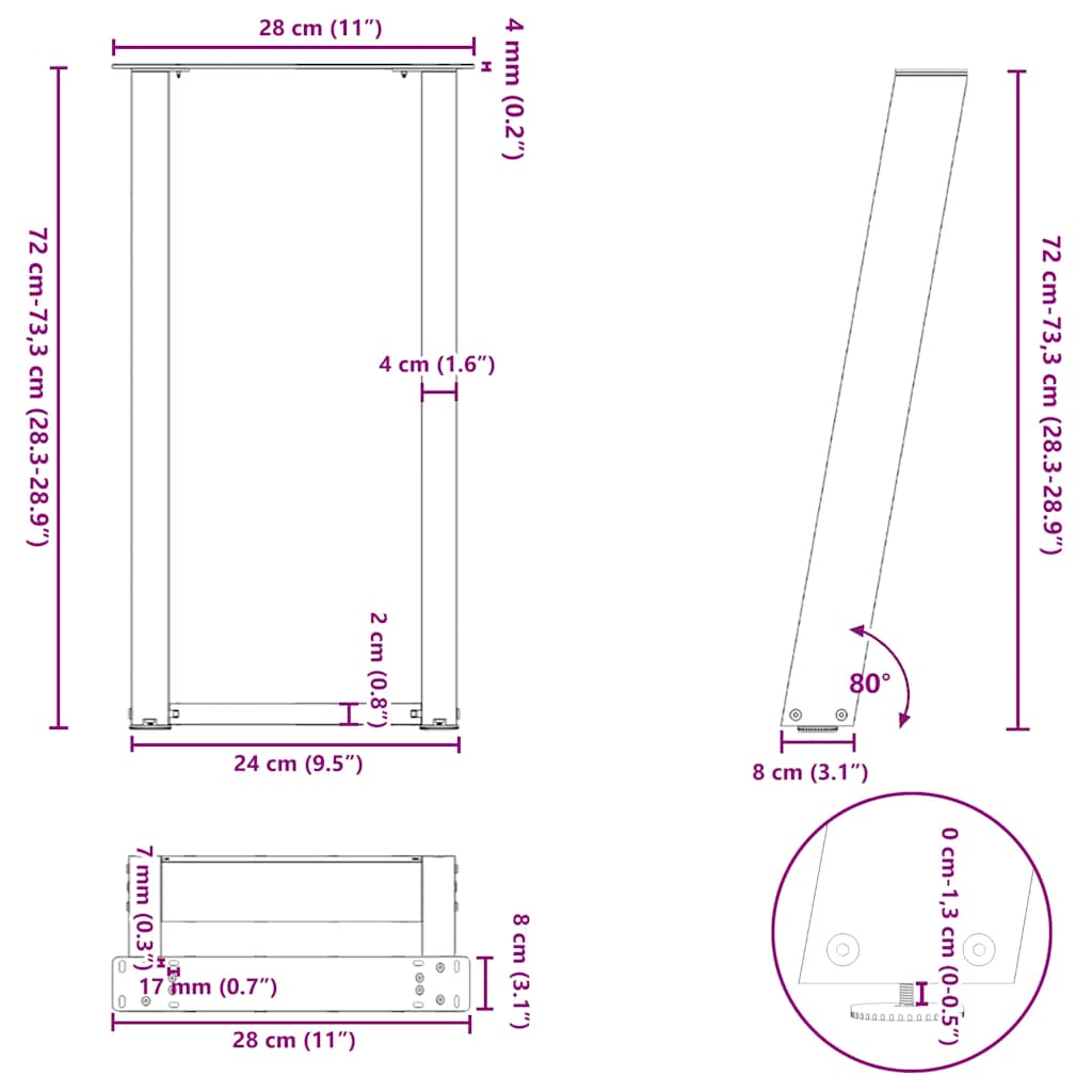 vidaXL Console Table Legs U-Shaped 2 pcs White 28x(72-73) cm Steel