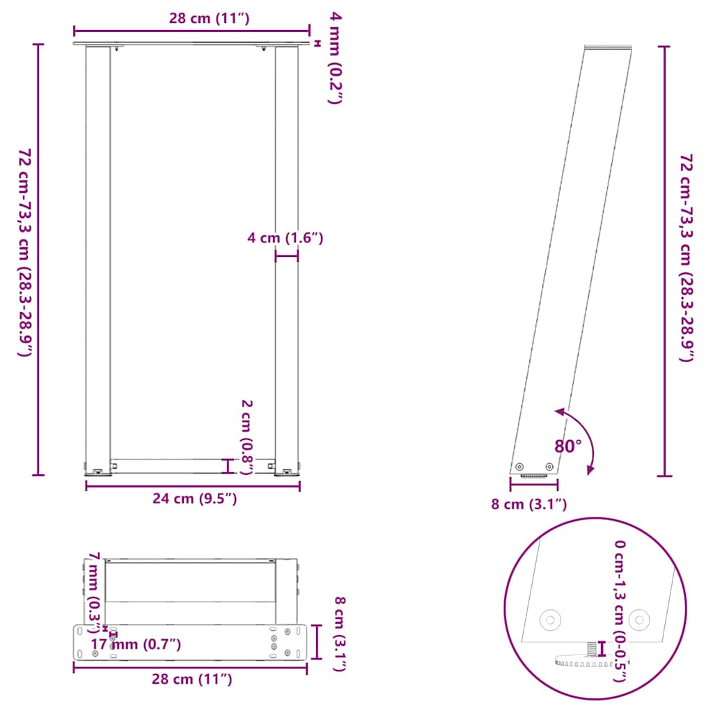 vidaXL Console Table Legs U-Shaped 2 pcs Anthracite 28x(72-73)cm Steel