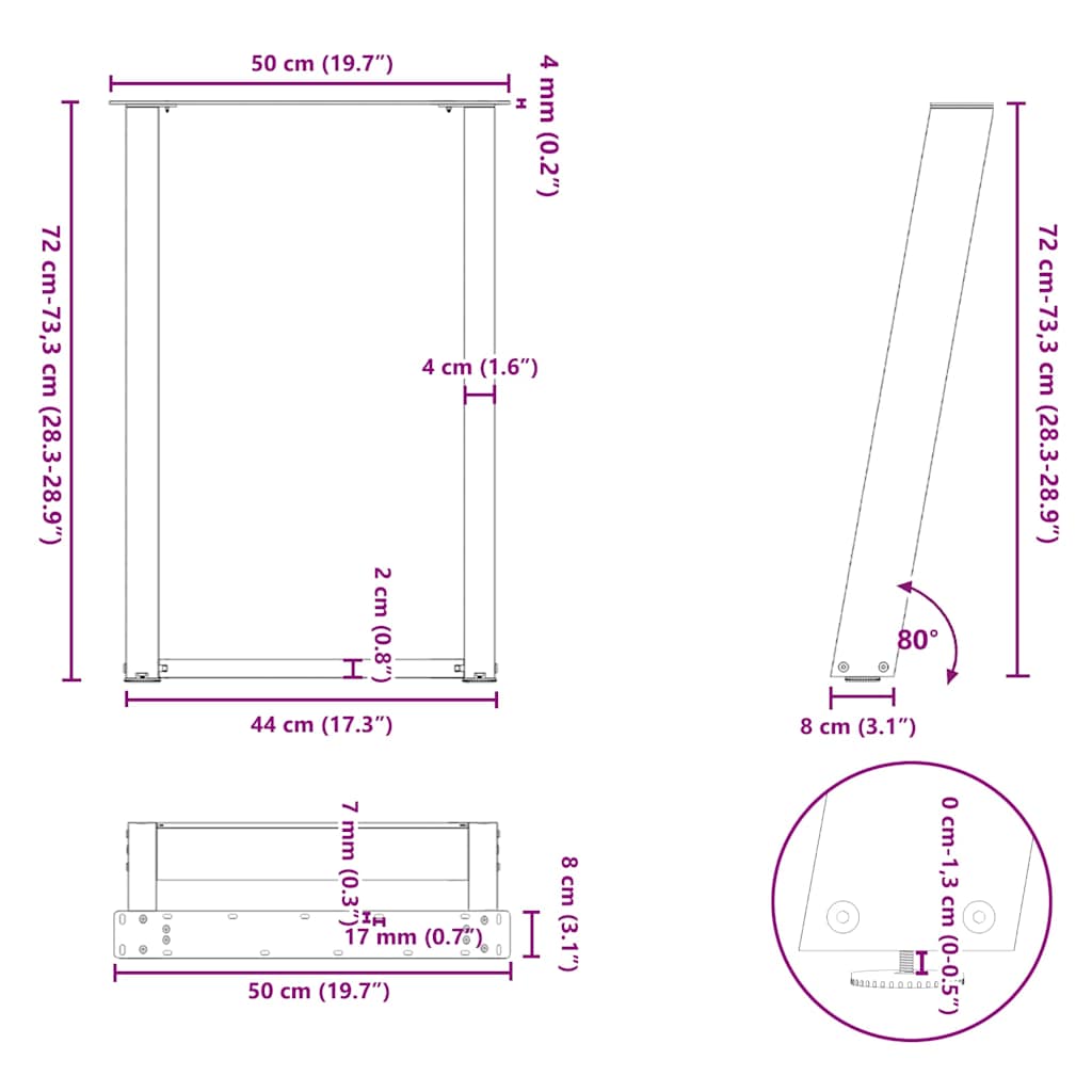 vidaXL Dining Table Legs U-Shaped 2 pcs Natural Steel 50x(72-73) cm