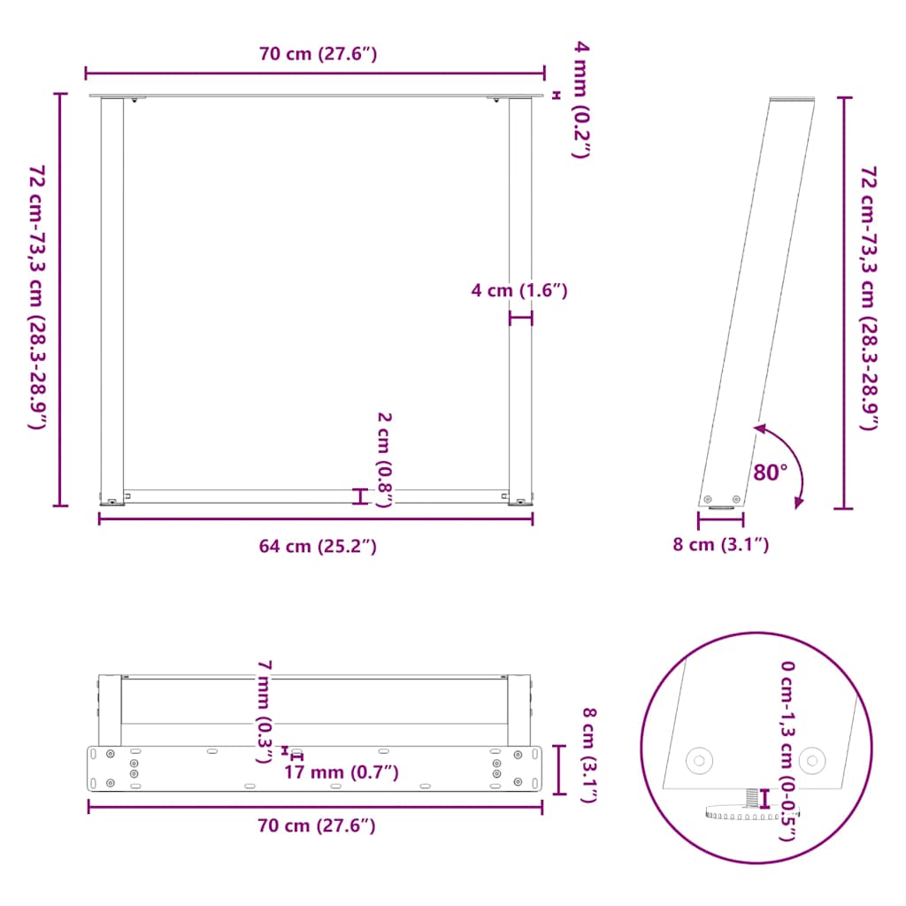 vidaXL Dining Table Legs U-Shaped 2 pcs Black 70x(72-73) cm Steel