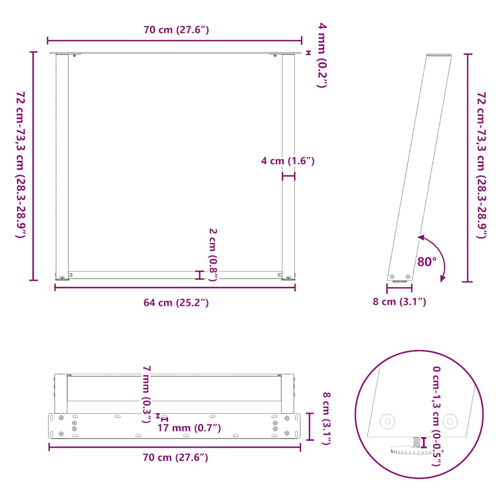 vidaXL Dining Table Legs U-Shaped 2 pcs White 70x(72-73) cm Steel