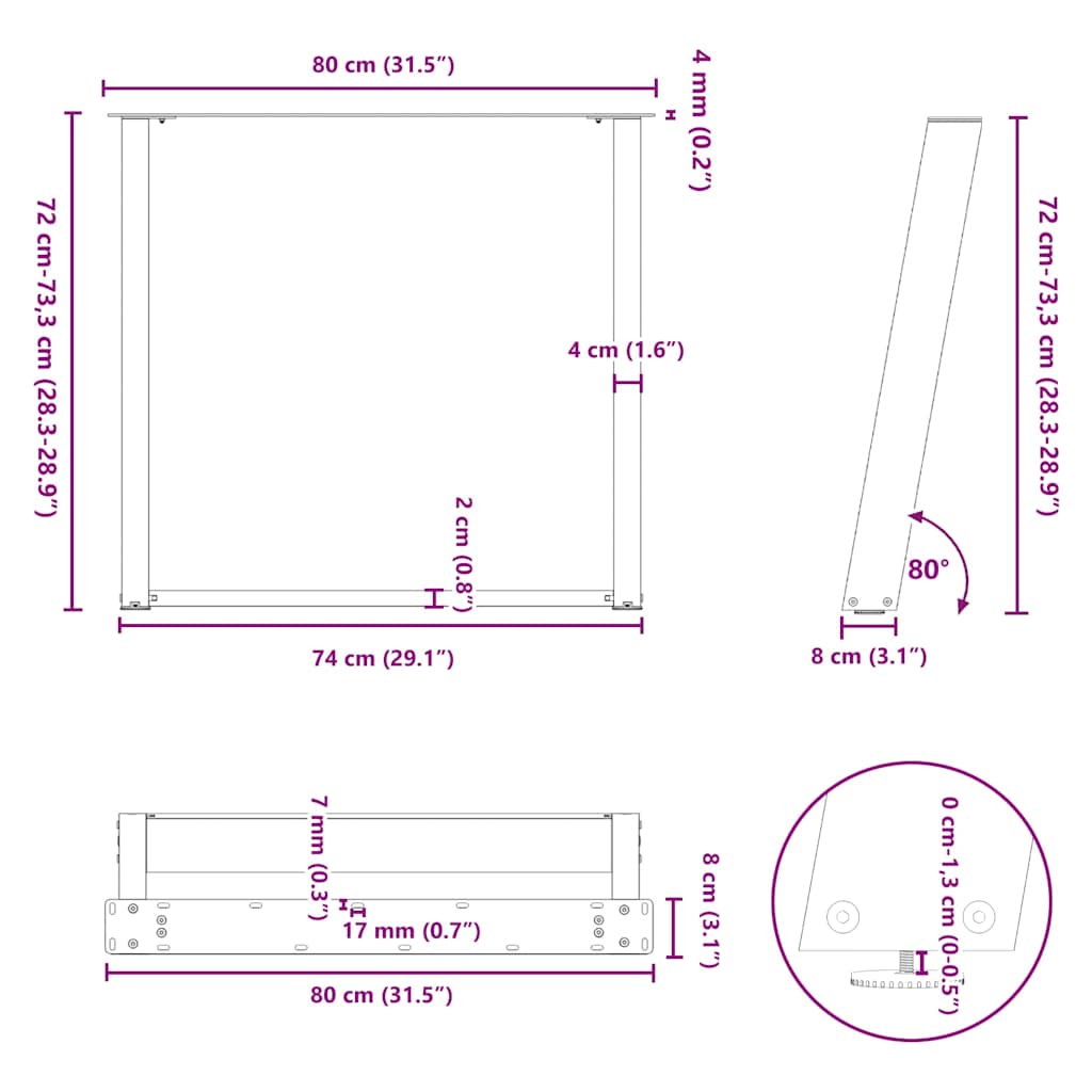 vidaXL Dining Table Legs U-Shaped 2 pcs Black 80x(72-73) cm Steel