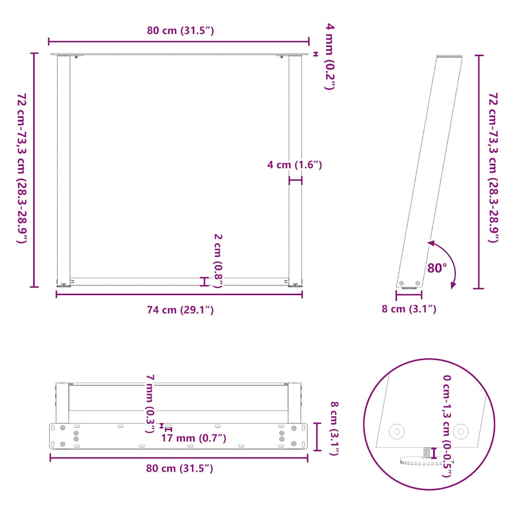 vidaXL Dining Table Legs U-Shaped 2 pcs Natural Steel 80x(72-73) cm
