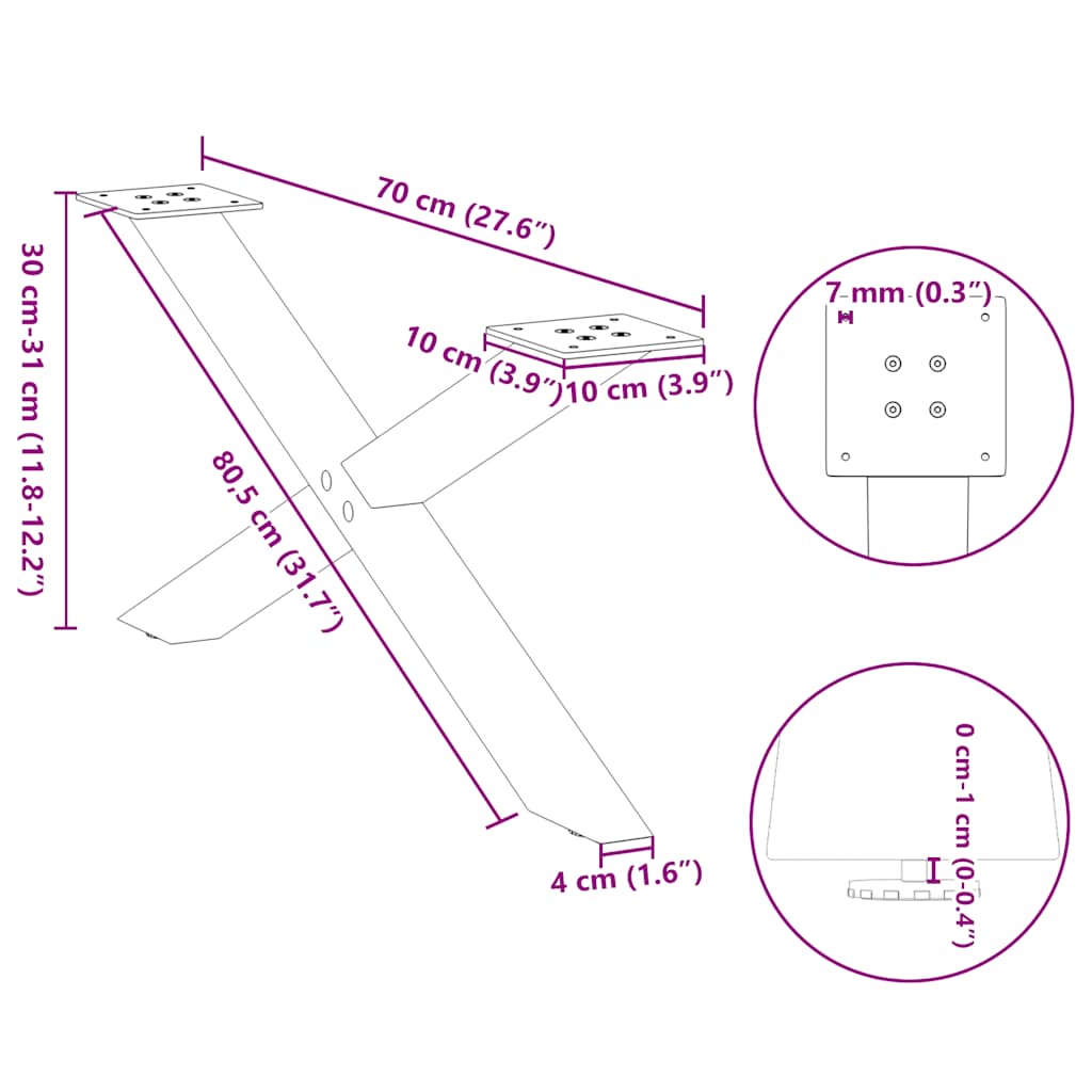 vidaXL Coffee Table Legs X-Shaped 2 pcs White 70x(30-31) cm Steel