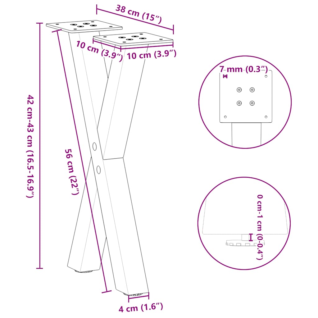 vidaXL Coffee Table Legs X-Shaped 2 pcs Natural Steel 38x(42-43) cm Steel