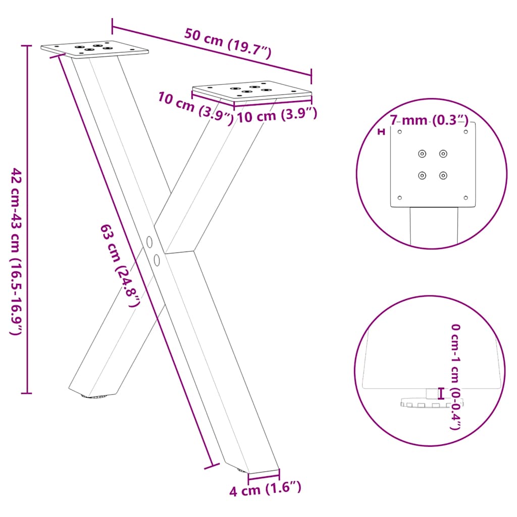 vidaXL Coffee Table Legs X-Shaped 2 pcs Natural Steel 50x(42-43) cm Steel