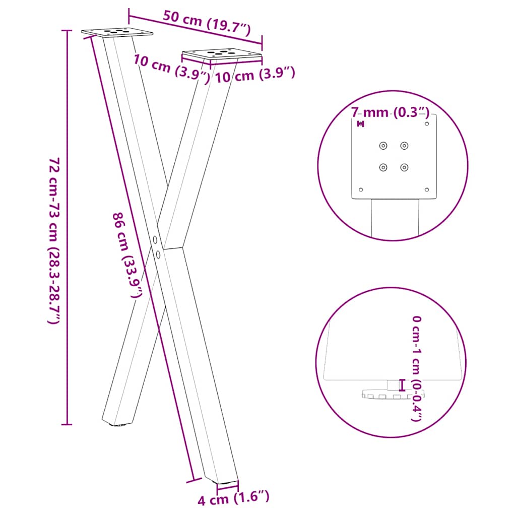 vidaXL Dining Table Legs X-Shaped 2 pcs Black 50x(72-73) cm Steel