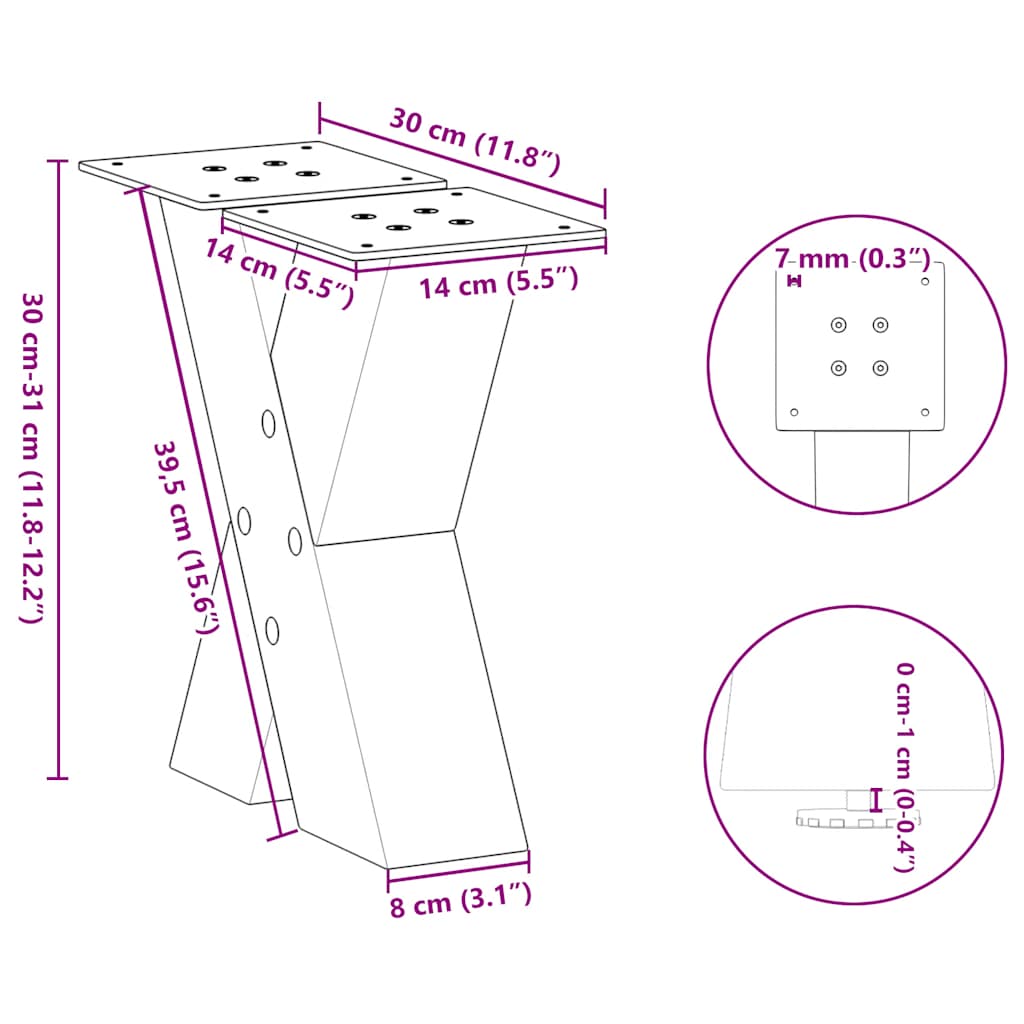 vidaXL Coffee Table Legs X-Shaped 2 pcs Black 30x(30-31) cm Steel