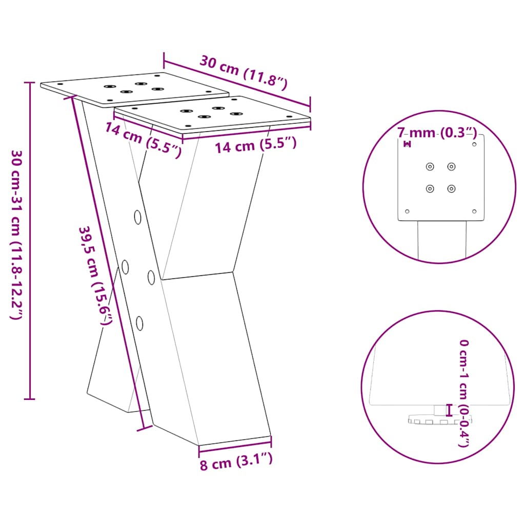 vidaXL Coffee Table Legs X-Shaped 2 pcs White 30x(30-31) cm Steel