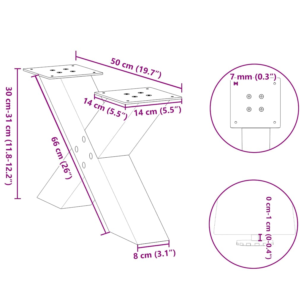 vidaXL Coffee Table Legs X-Shaped 2 pcs Black 50x(30-31) cm Steel