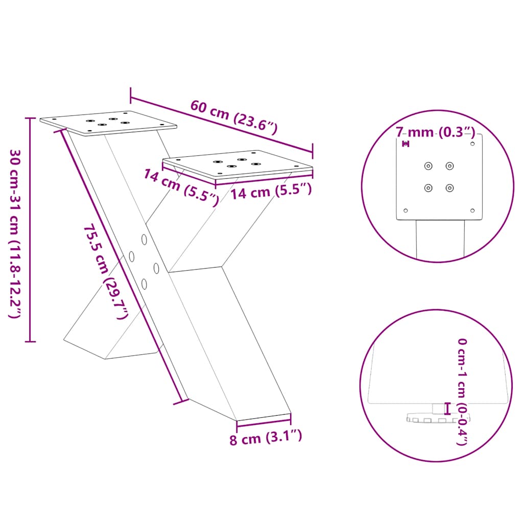 vidaXL Coffee Table Legs X-Shaped 2 pcs Natural Steel 60x(30-31) cm