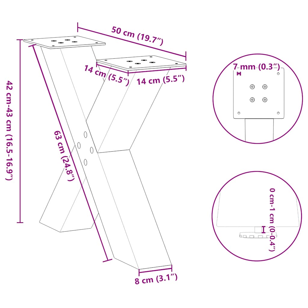 vidaXL Coffee Table Legs X-Shaped 2 pcs Natural Steel 50x(42-43) cm Steel
