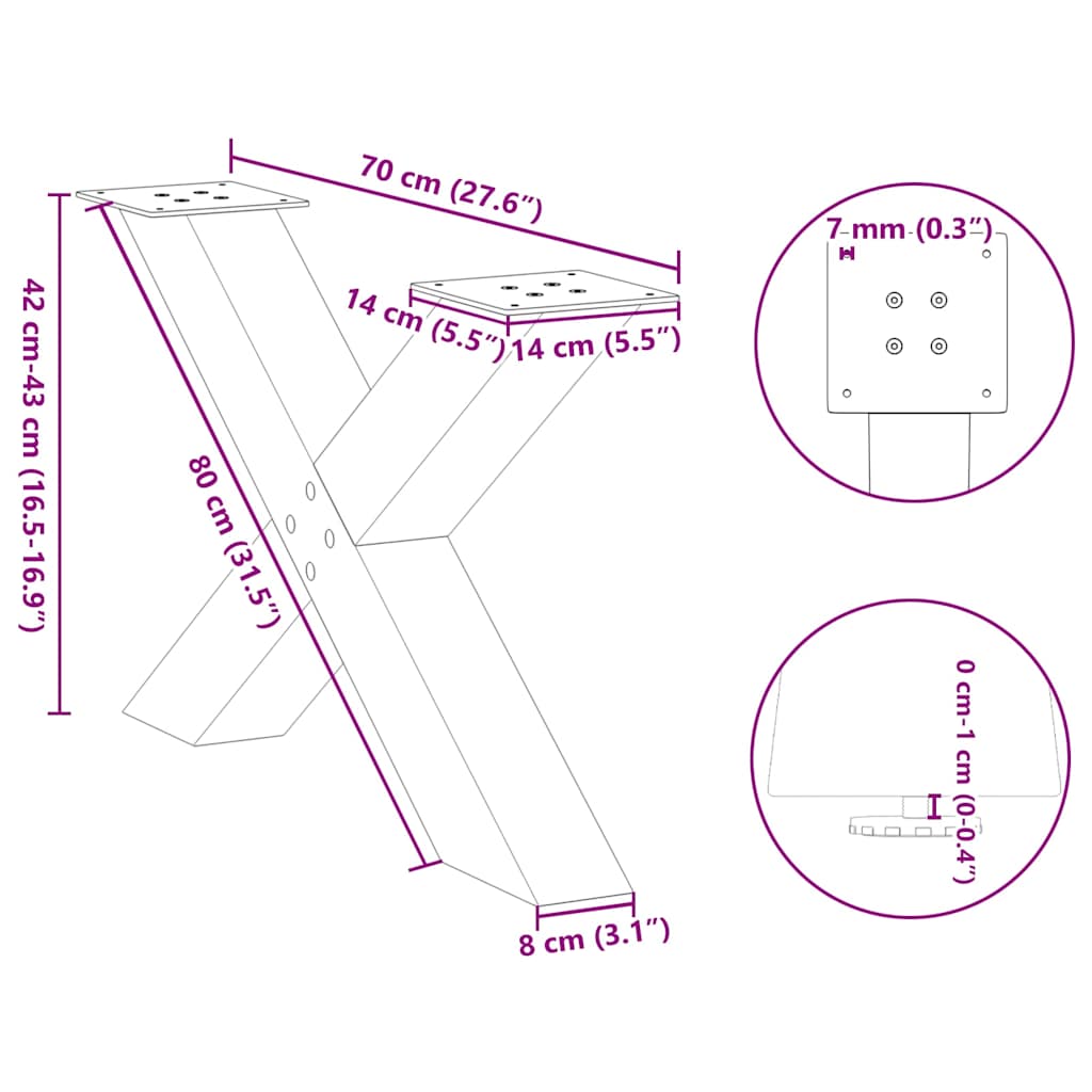vidaXL Coffee Table Legs X-Shaped 2 pcs Natural Steel 70x(42-43) cm Steel