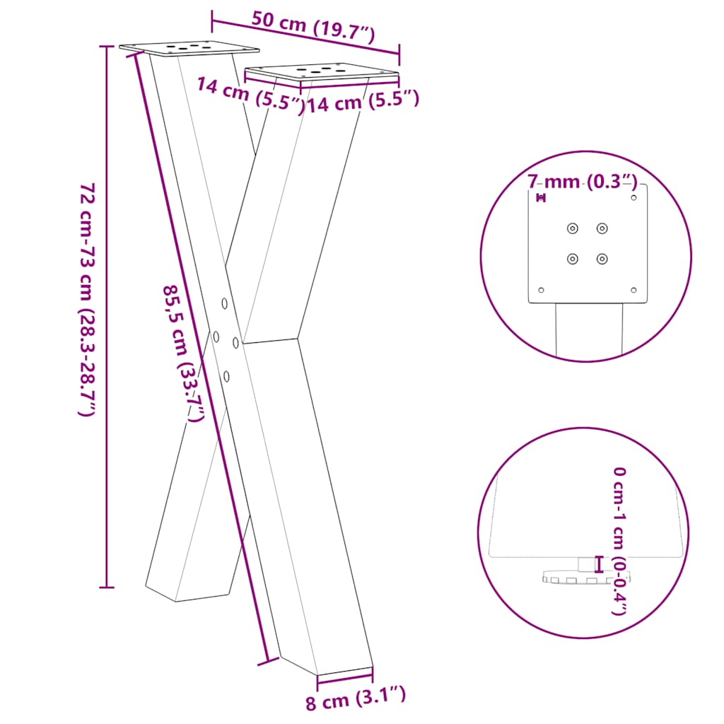 vidaXL Dining Table Legs X-Shaped 2 pcs Black 50x(72-73) cm Steel
