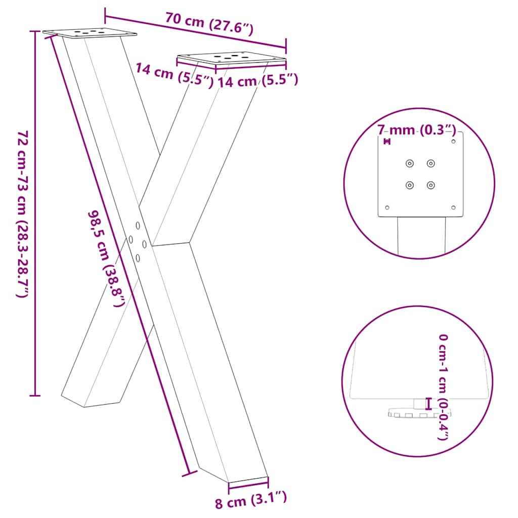 vidaXL Dining Table Legs X-Shaped 2 pcs Black 70x(72-73) cm Steel