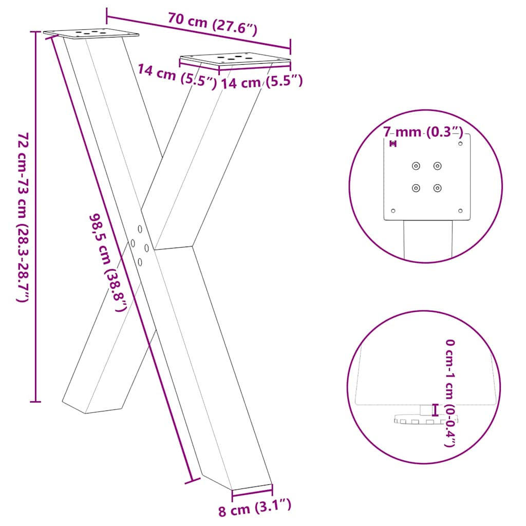 vidaXL Dining Table Legs X-Shaped 2 pcs Natural Steel 70x(72-73) cm Steel