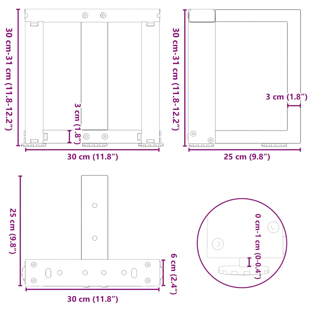 vidaXL Coffee Table Legs T-Shaped 2 pcs Natural Steel 30x25x(30-31) cm Steel