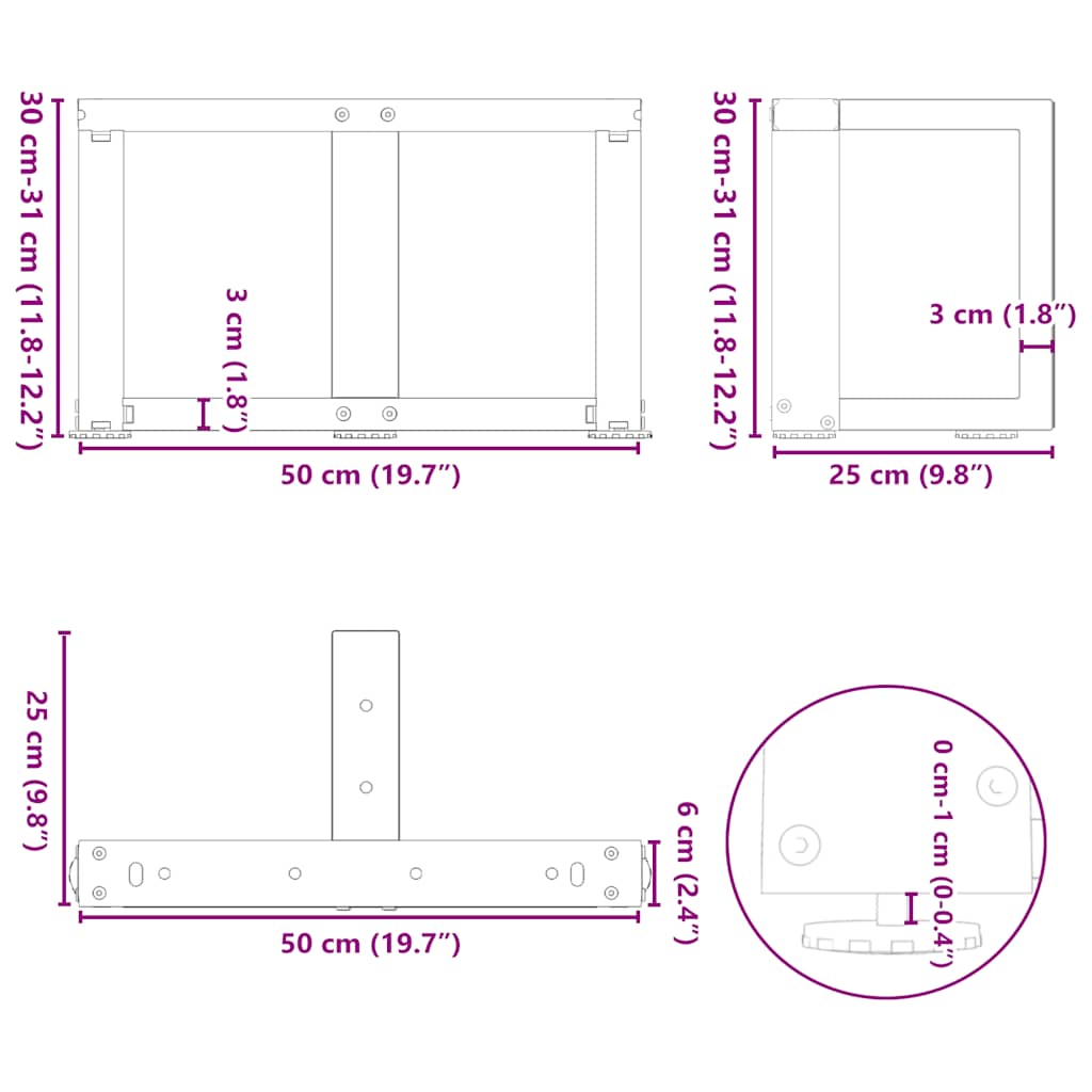 vidaXL Coffee Table Legs T-Shaped 2 pcs Black 50x25x(30-31) cm Steel