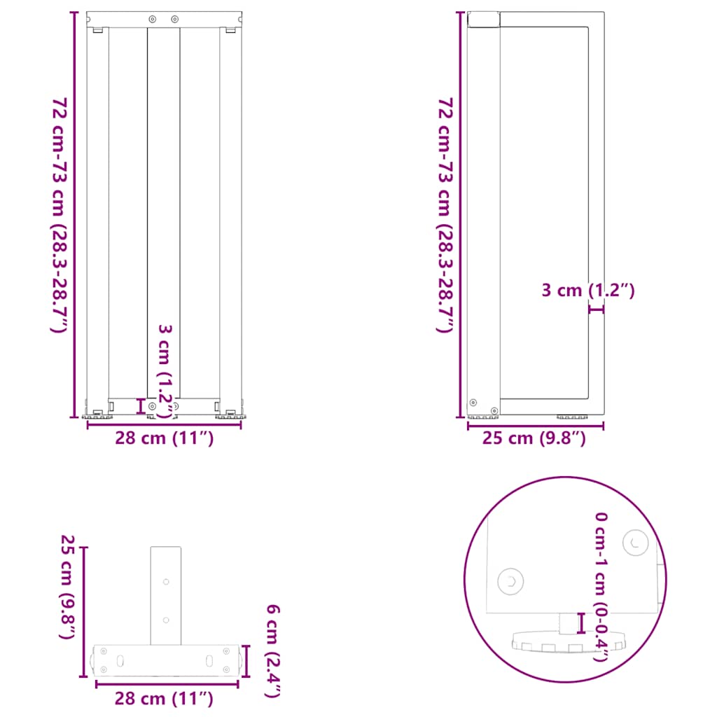 vidaXL Console Table Legs T-Shaped 2 pcs Black 25x28x(72-73) cm Steel