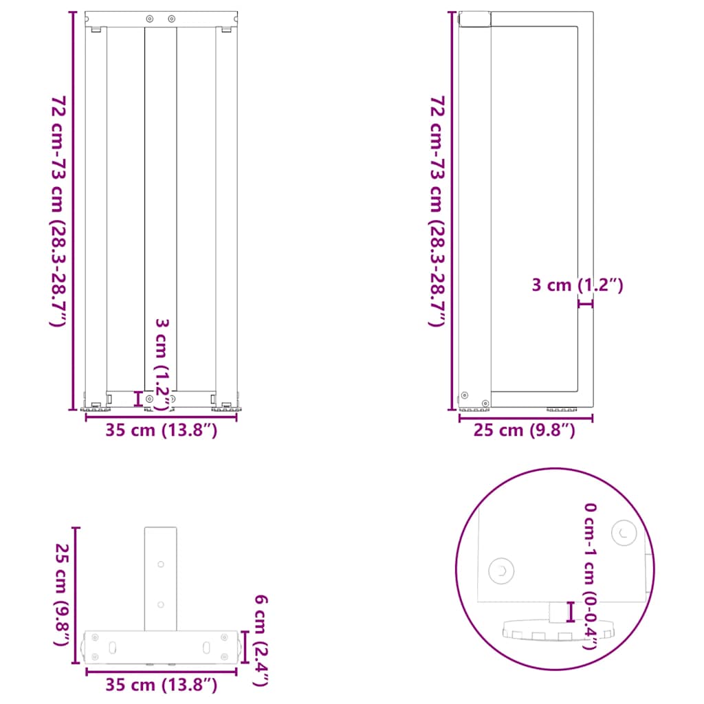 vidaXL Console Table Legs T-Shaped 2 pcs White 38x25x(72-73) cm Steel