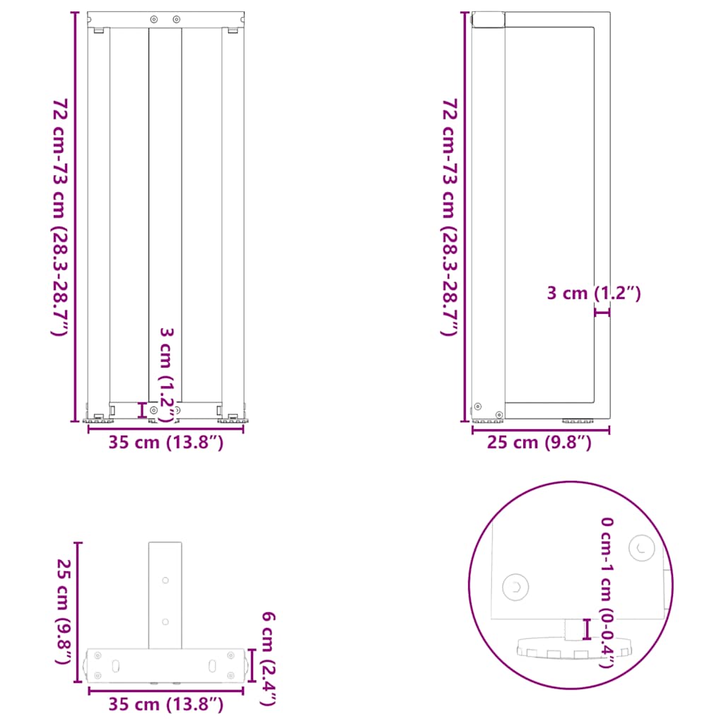 vidaXL Console Table Legs T-Shaped 2 pcs White 38x25x(72-73) cm Steel